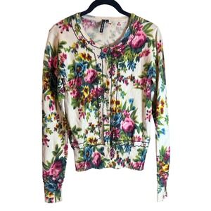 Charlotte Tarantola Floral Beaded Cardigan Sweater‎ Large Embroidered Ivory L